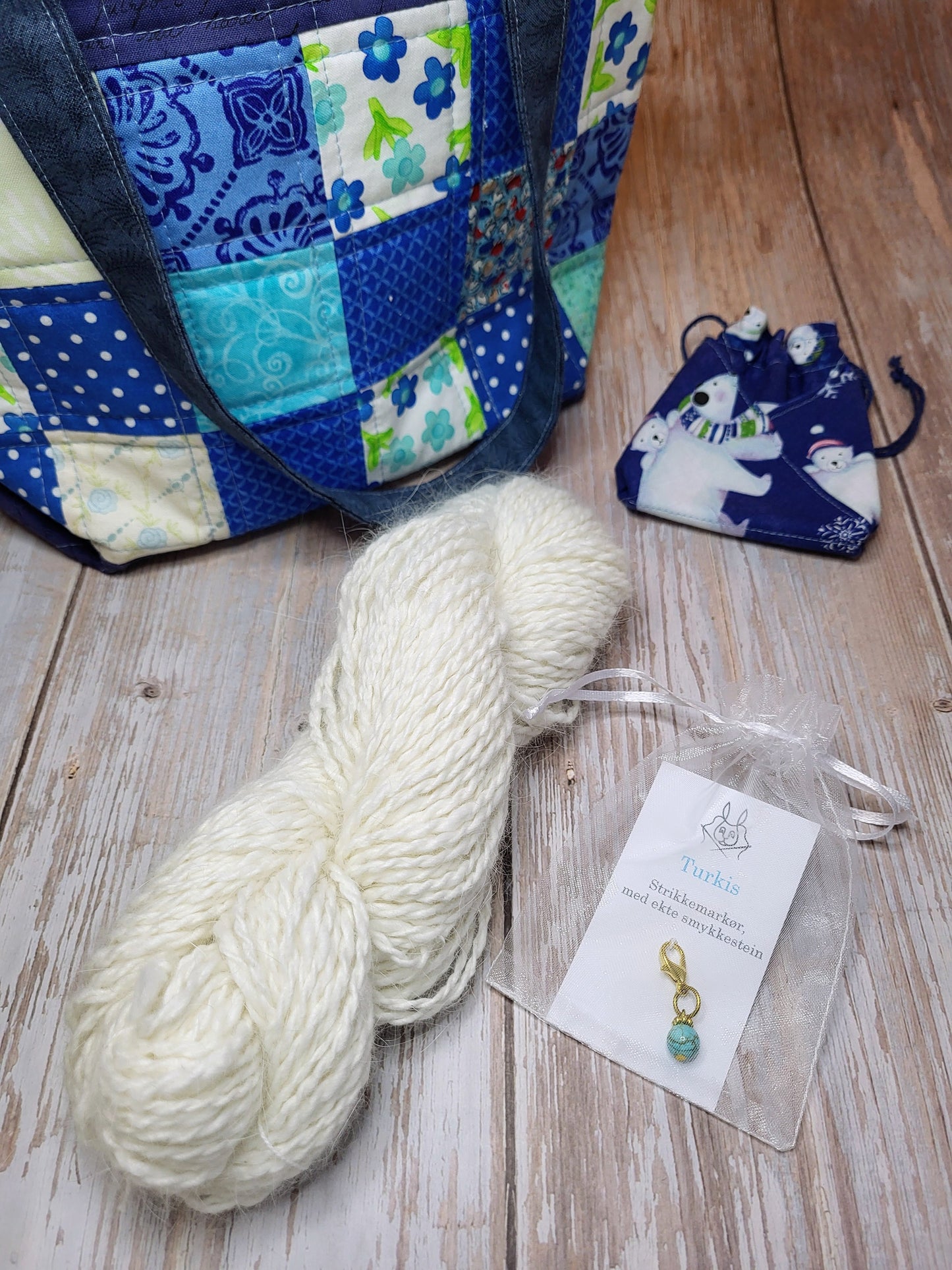 Håndpunnet angoragarn, strikkemarkør, håndarbeidsveske, liten quiltepose